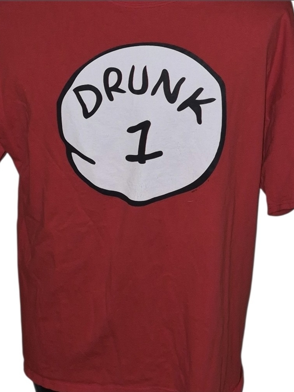 Red Gildan "Drunk 1" graphic tee with white circle and black text, size XL